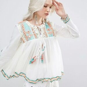 Raga Coastland women's voile embroidered cotton blouse in aqua Sz S